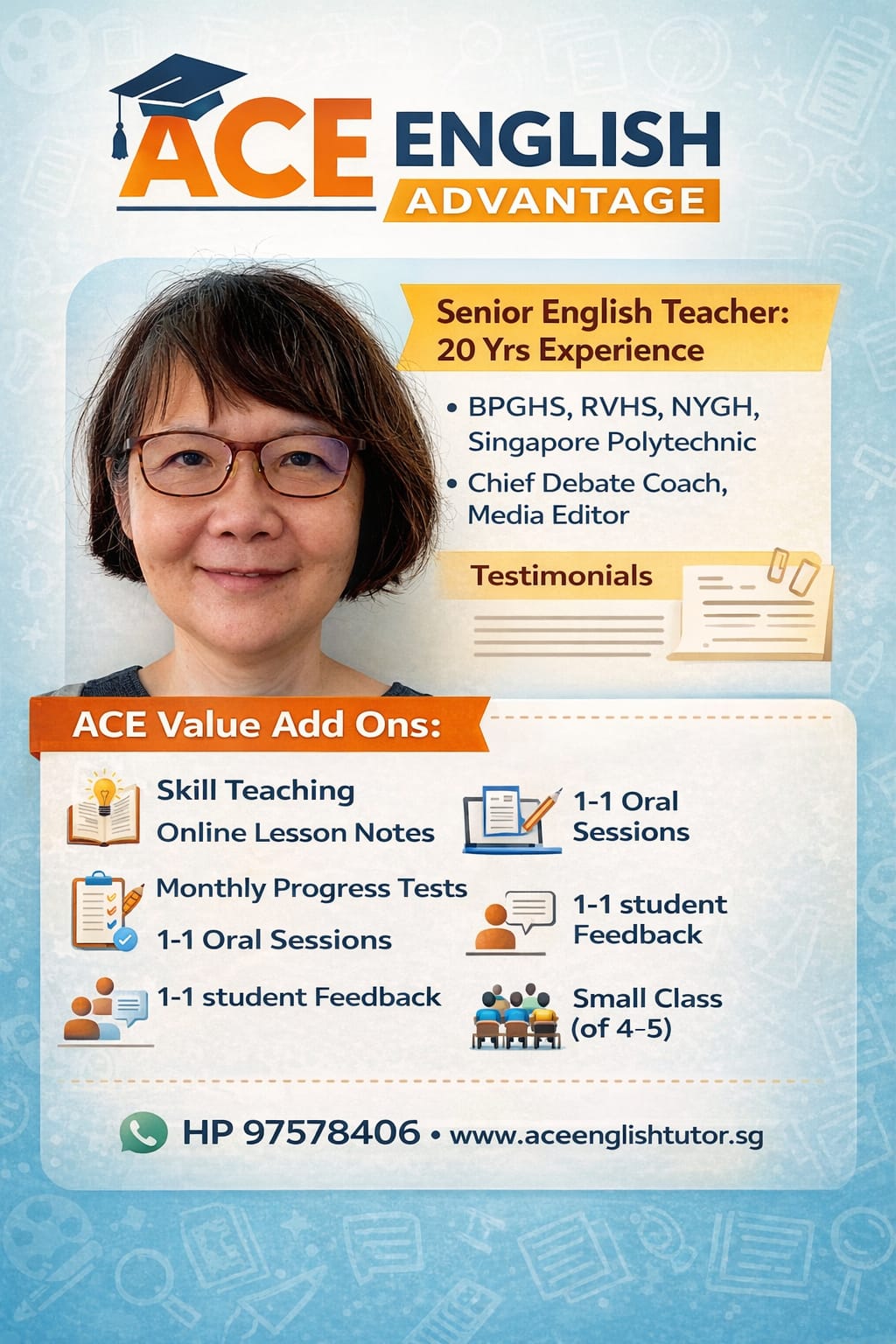 Mdm Teoh – principal tutor ACE English, ex-MOE teacher with 16 years experience